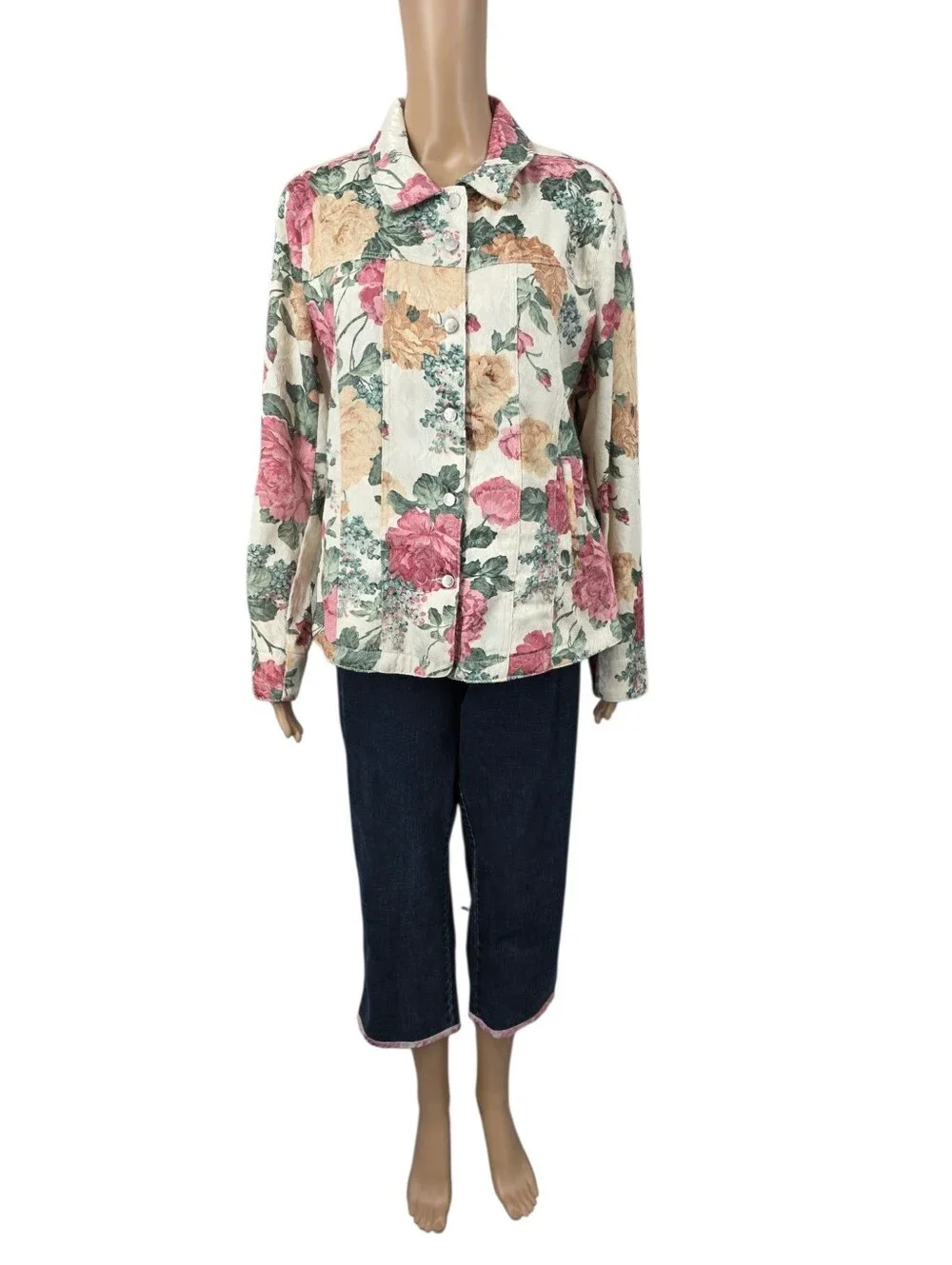 Cervelle Vintage Floral Jacquard Women’s Jacket & Cropped Jeans Matching Set